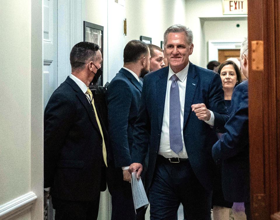 Speaker of the House Kevin McCarthy, R-Calif, celebrates after meeting with House Minority Leader Hakeem Jeffries, Democrat of New York, on Capitol Hill in Washington on Saturday.