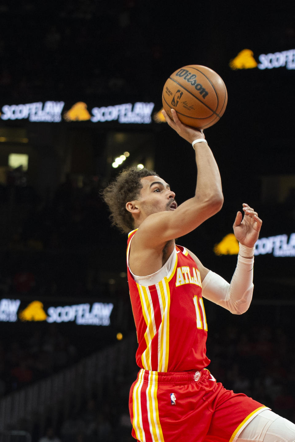 Atlanta Hawks guard Trae Young shoots during the second half of an NBA basketball game against Indiana Pacer, Saturday, March 25, 2023, in Atlanta. (AP Photo/Hakim Wright Sr.)