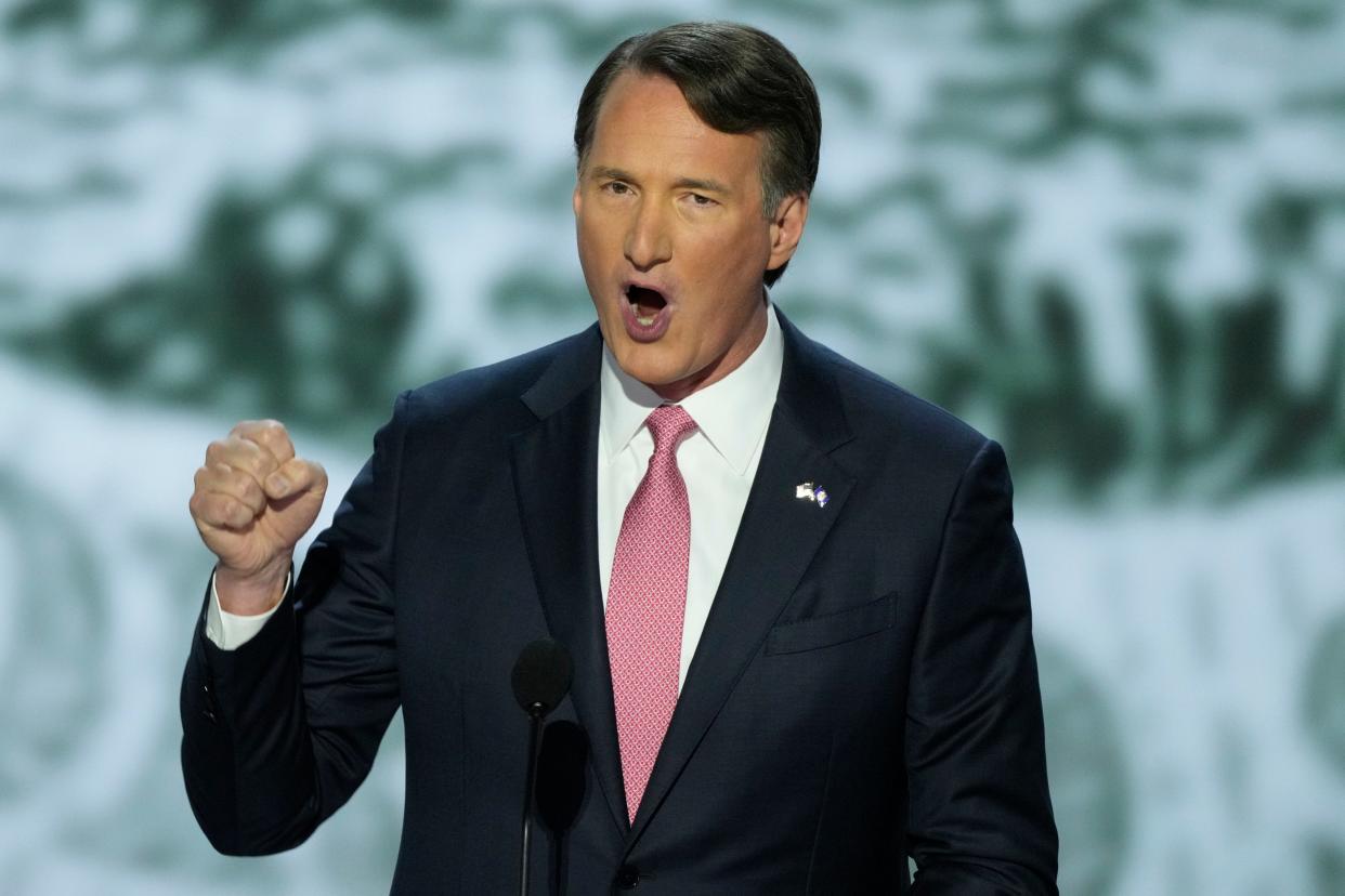 Jul 15, 2024; Milwaukee, WI, USA; Gov Glenn Youngkin
(VA) speak during the first day of the Republican National Convention. The RNC kicked off the first day of the convention with the roll call vote of the states. Mandatory Credit: Jasper Colt-USA TODAY