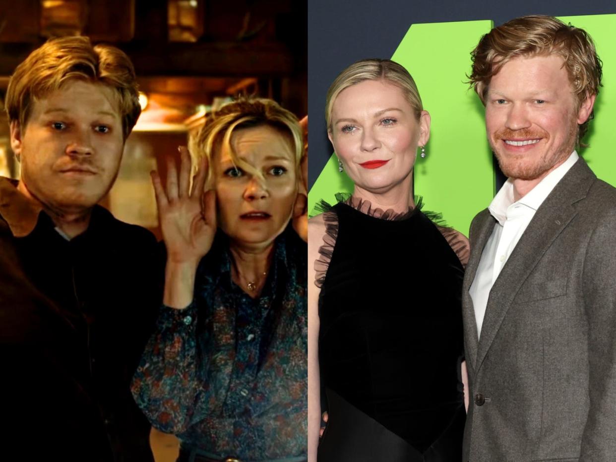 Jesse Plemons and Kirsten Dunst in "Fargo" and at the "Civil War" premiere in April 2024.