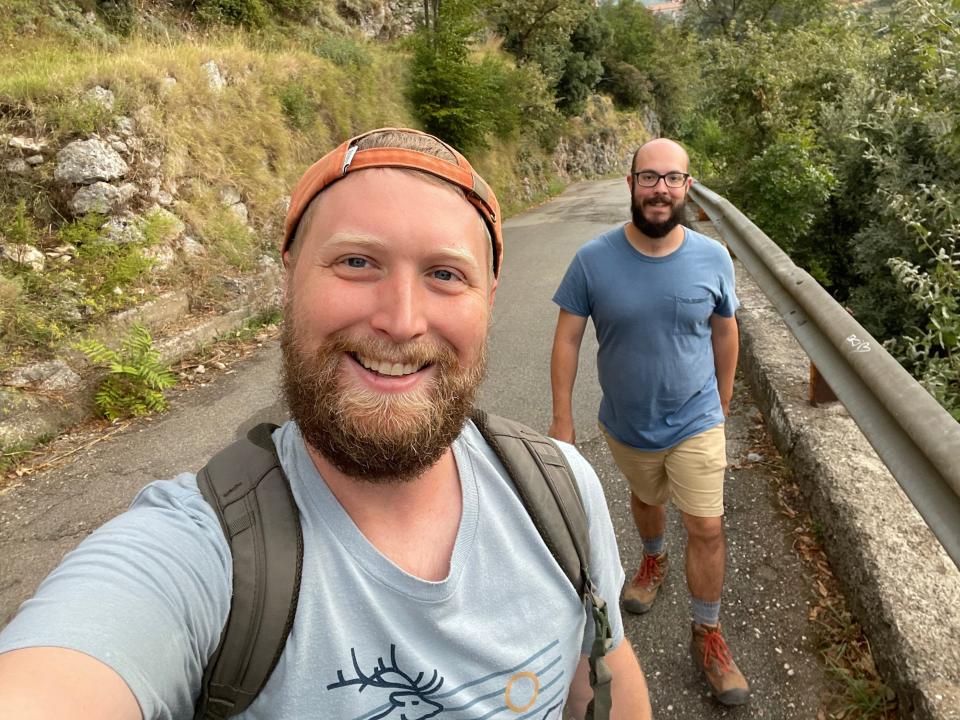A selfie of Timothy and his husband as they walk to the Path of the Gods.