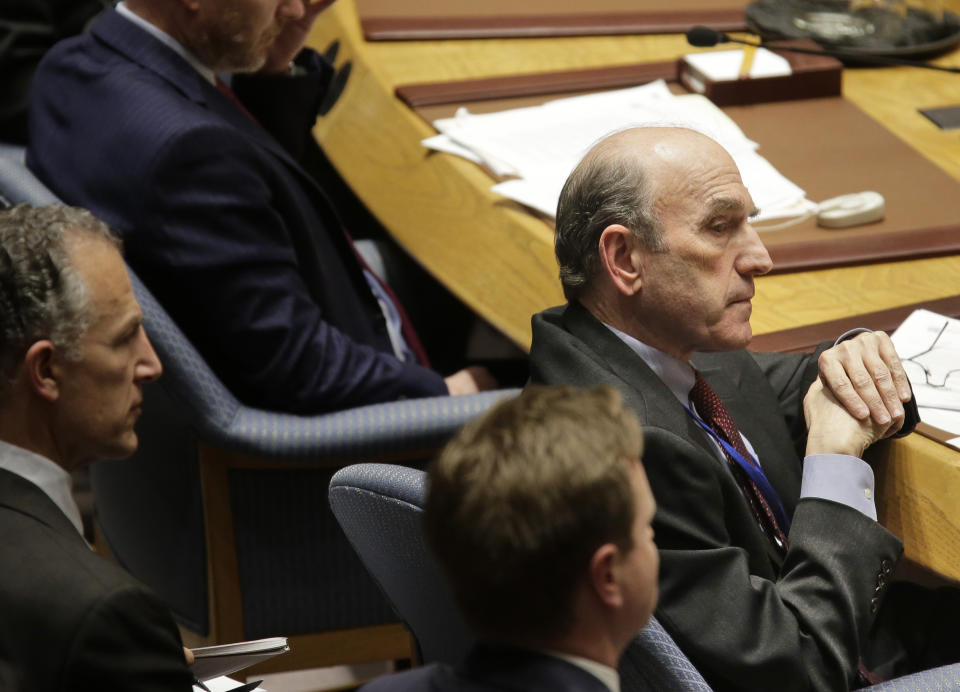 U.S. special envoy to Venezuela Elliott Abrams listens during a Security Council meeting at U.N. headquarters, Thursday, Feb. 28, 2019. (AP Photo/Seth Wenig)