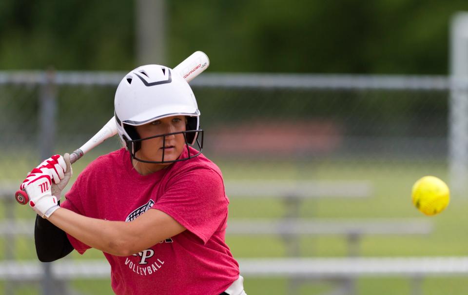 North Posey’s Erin Hoehn (11) eyes the ball as the vikings practice before heading to state Wednesday, June 9, 2022. 