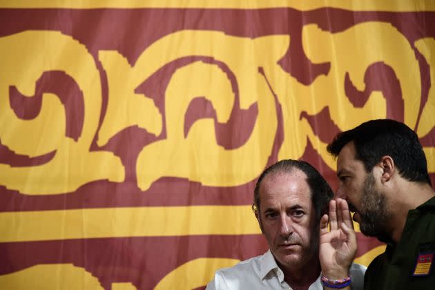 Head of the Lega Nord (Northern League) party and former Italy's Interior Minister, Matteo Salvini (R) chats with President of Veneto Region Luca Zaia during a party rally in Conselve, near Padua, on August 30, 2019. - Italy's political crisis was triggered on August 8 when Matteo Salvini withdrew his far-right League party from the governing coalition with M5S and called for a snap elections, looking to capitalise on the party surging in polls. (Photo by Marco BERTORELLO / AFP)        (Photo credit should read MARCO BERTORELLO/AFP via Getty Images) (Photo: MARCO BERTORELLO via Getty Images)