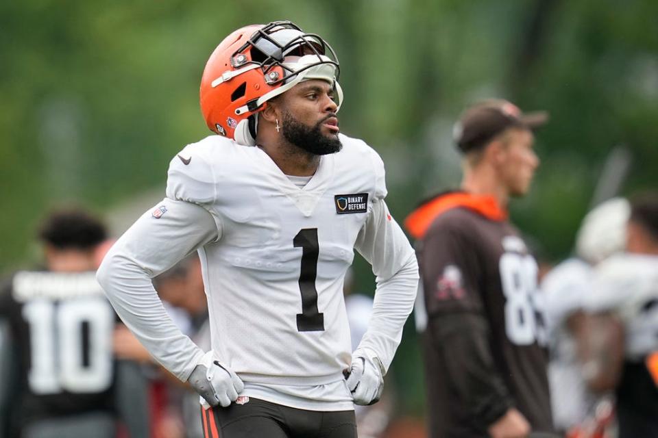 Cleveland Browns safety Juan Thornhill attends an NFL football camp, Monday, Aug. 7, 2023, in Berea, Ohio. (AP Photo/Sue Ogrocki)