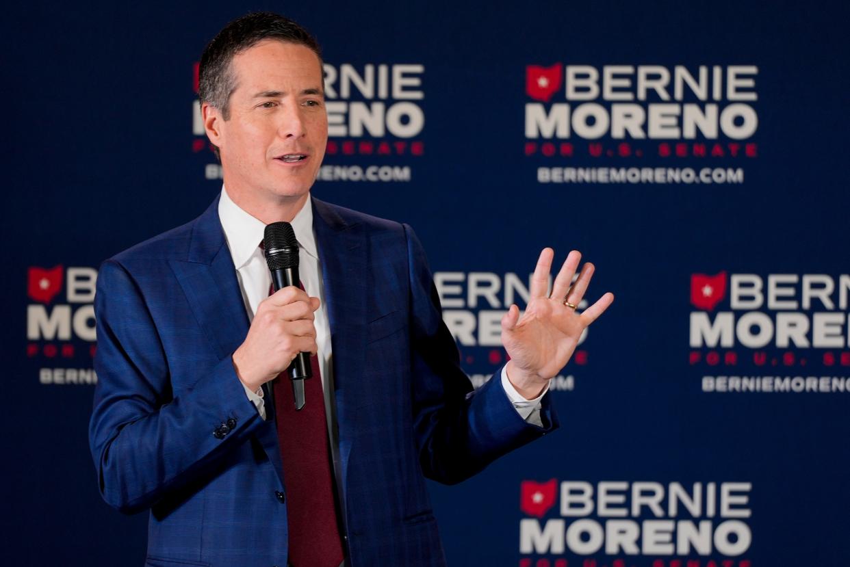 Republican Bernie Moreno announces his U.S. Senate campaign at the Little Miami Brewing Company in Milford, Ohio, on Tuesday, April 18, 2023.