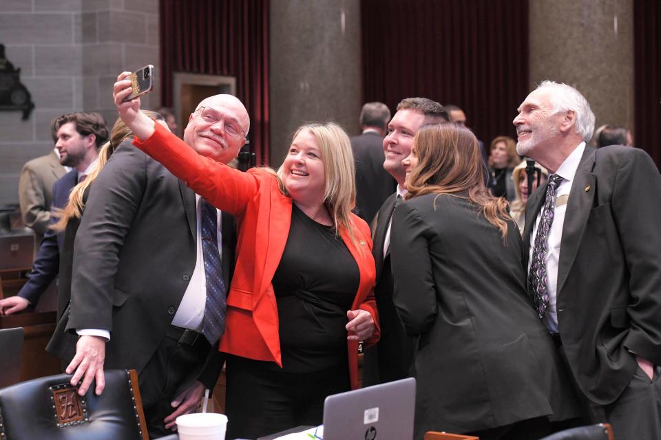 L to R –Representatives Don Mayhew, R-Crocker, Tara Peters, R-Rolla, Bill Hardwick, R-Dixon, Holly Jones, R-Eureka, and Phil Amato, R-Arnold, share a selfie prior to the opening session of the 2nd Regular Session of the 102nd General Assembly on Wednesday Jan. 3, 2024.