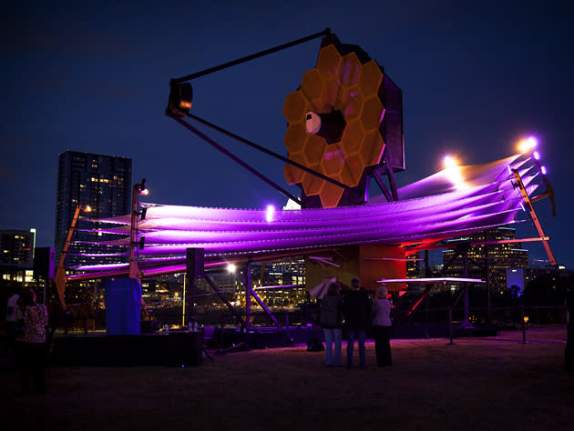 The full scale model of the James Webb Space Telescope illuminated at South By Southwest in Austin Texas on March 8, 2013.