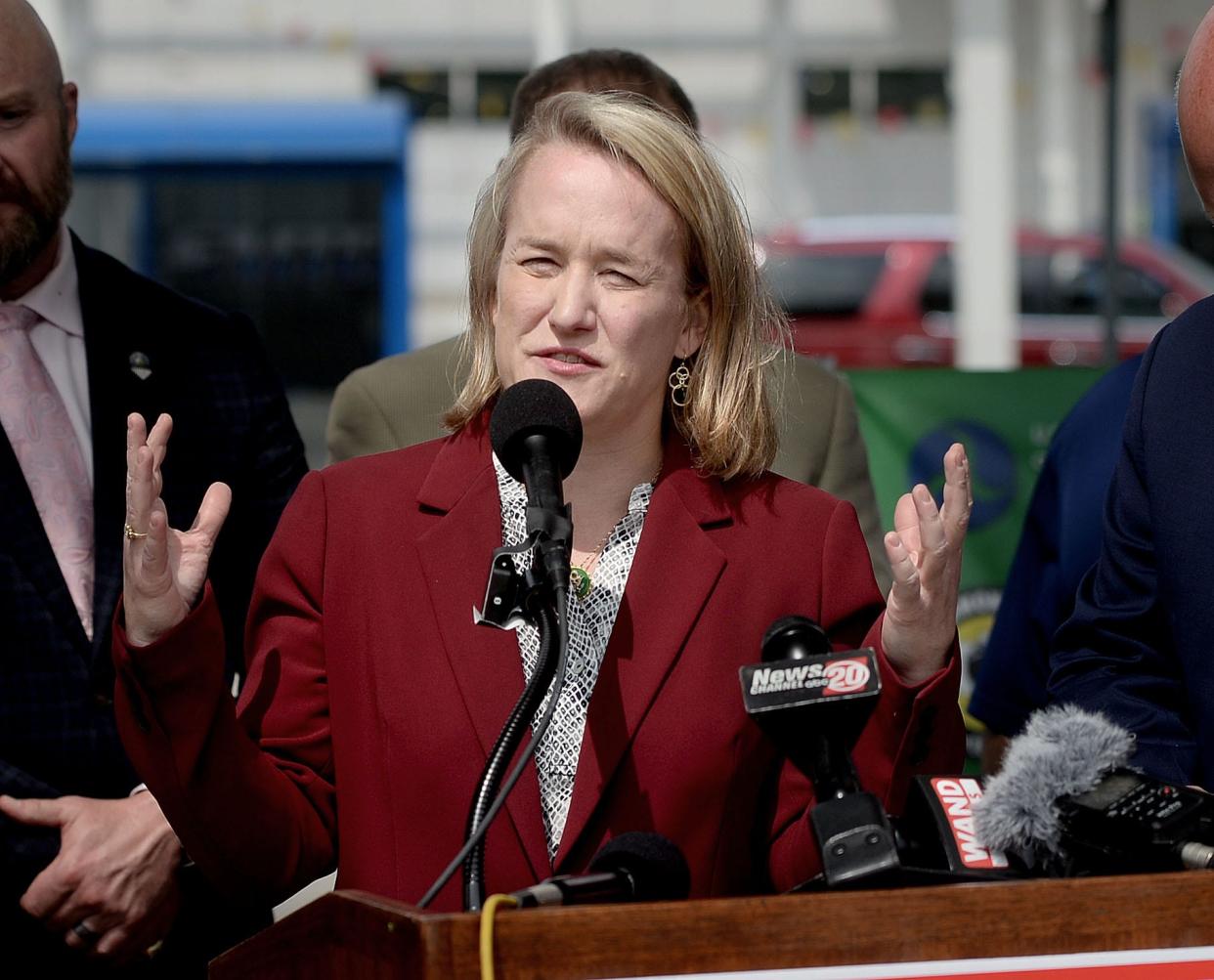 U.S. Rep. Nikki Budzinski (D-IL. 13 District), speaks during a press conference across from the Transit Center in Springfield Friday, May 19, 2023.
