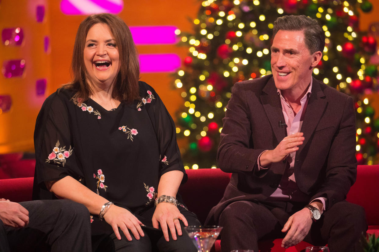 Ruth Jones and Rob Brydon during the filming for the Graham Norton Show at BBC Studioworks 6 Television Centre, Wood Lane, London, to be aired on BBC One on Friday evening. Picture date: Thursday December 19, 2019. Photo credit should read: PA Images on behalf of So TV (Photo by David Parry/PA Images via Getty Images)