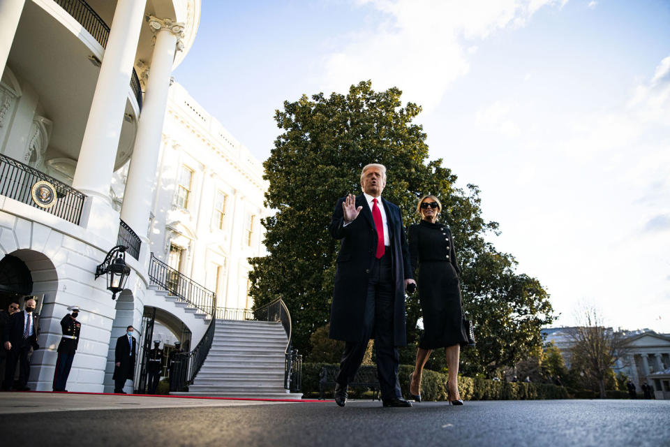 Donald Trump next to Melania Trump leaving the White House