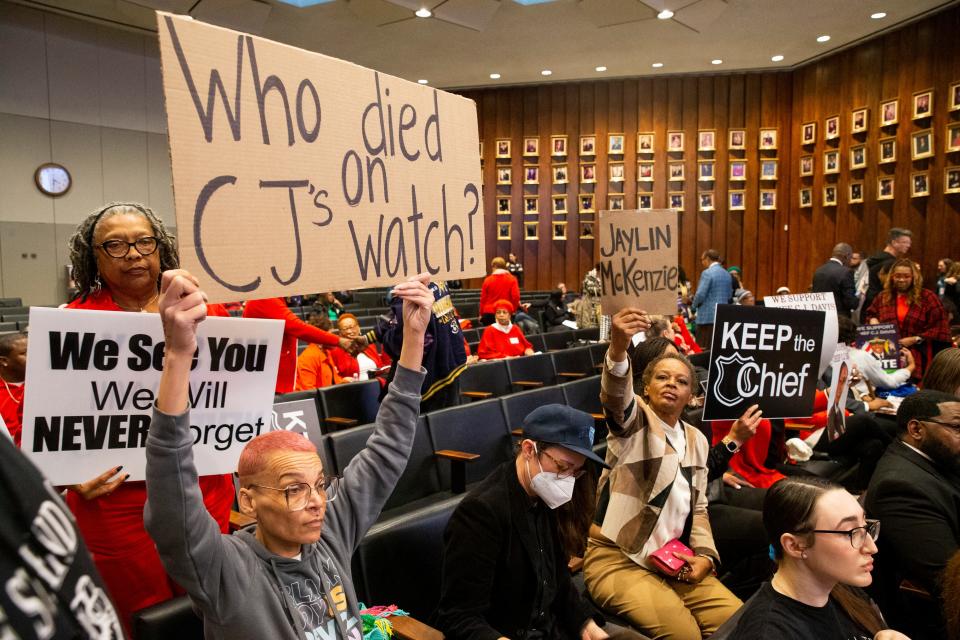 Demonstrators in support of and opposition to the reappointment of Memphis Police Chief Cerelyn “C.J.” Davis sit in the city council chambers prior to the city council meeting at city hall on Tuesday, January 23, 2024.