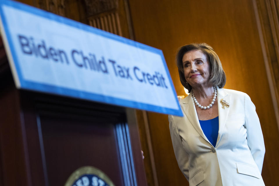 UNITED STATES - JULY 20: Speaker of the House Nancy Pelosi, D-Calif., is seen during a news conference on the Child Tax Credit in the Capitol on Tuesday, July 20, 2021. (Photo By Tom Williams/CQ-Roll Call, Inc via Getty Images)