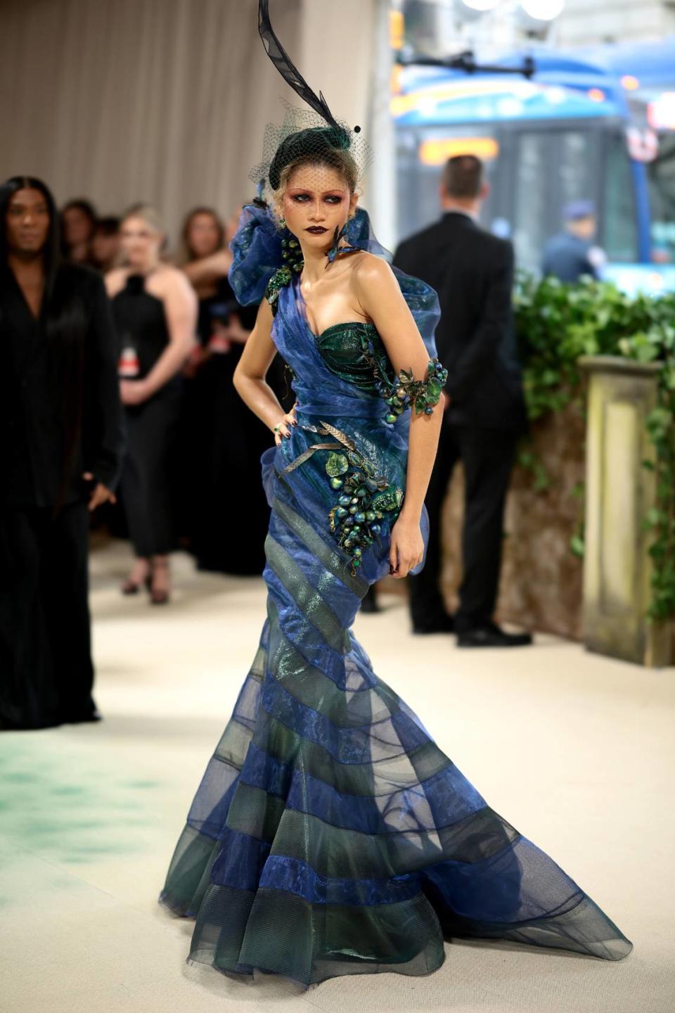 2024 Zendaya was one of the first arrivals in honor of her co-chair duties. The theme was “Sleeping Beauties: Reawakening Fashion” and the dress code was “The Garden of Time.” The Challengers star seemingly took a water approach to the theme as she looked like a wicked mermaid in a multi-layered Maison Margiela by John Galliano dress. Getty