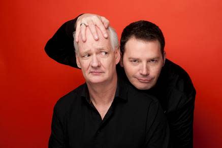 Colin Mochrie and Brad Sherwood perform their two-man improvisational comedy show “Scared Scriptless” on Jan. 6, 2023, at the Morris Performing Arts Center in South Bend.