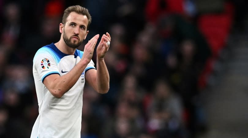  Harry Kane applauds the England fans after the Three Lions 2-0 win over Ukraine in March 2023. 