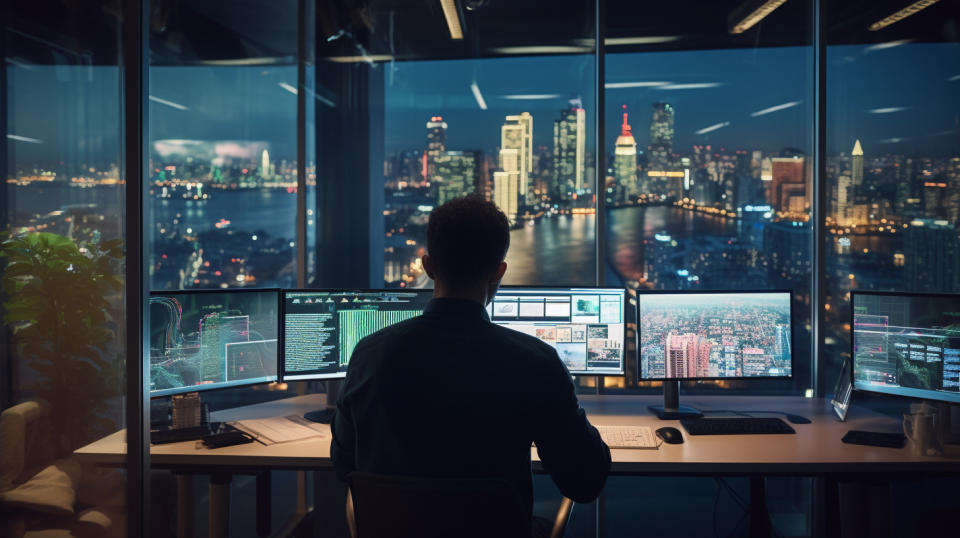 An employee working in a modern office space, overseeing software-as-a-service solutions.