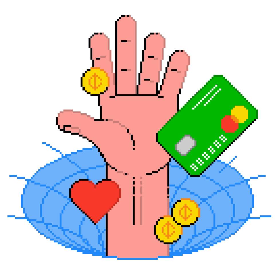 A hand reaches out from a blue vortex with hearts, a credit card, and coins getting sucked in.
