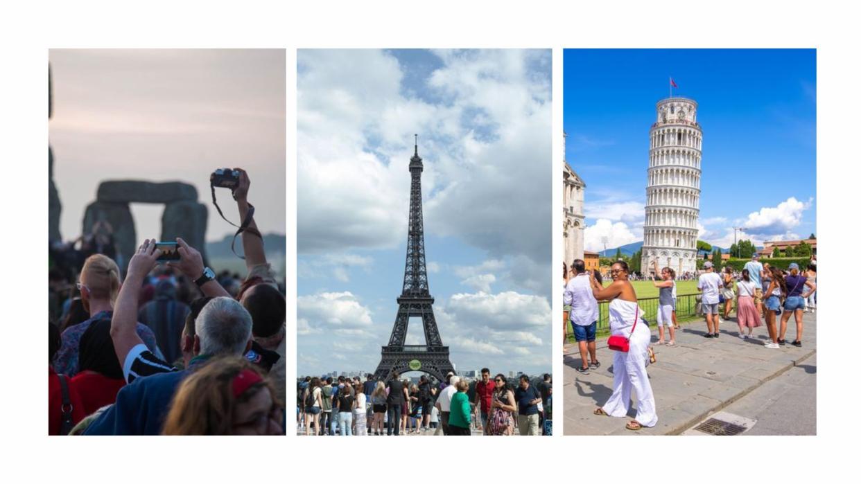 European tourist traps, including Stonehenge, the Eiffel Tower, and the Leaning Tower of Pisa