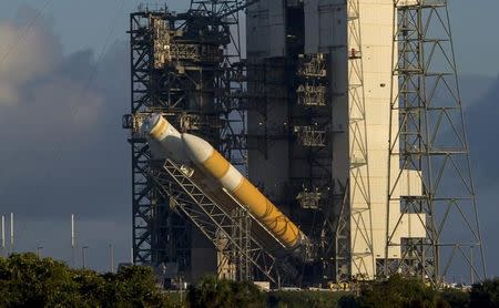 A view of the United Launch Alliance Delta IV Heavy rocket in preparation for the first flight test of NASA's new Orion spacecraft at Cape Canaveral Air Force Station, Florida October 1, 2014. REUTERS/Mike Brown