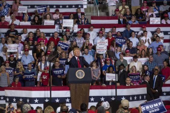Trump was roundly condemned as his supporters chanted ‘send them back’, referencing the four congresswomen he attacked with a racist tweet, at his rally earlier this week (Zach Gibson/Getty Images)