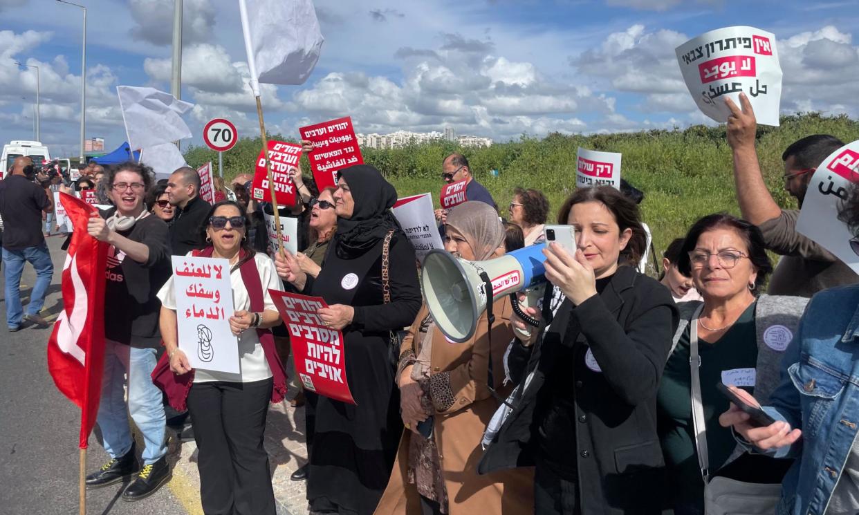 <span>‘We were forbidden everything since the war started’: protesters in Tayibe yesterday.</span><span>Photograph: Emma Graham-Harrison/The Observer</span>