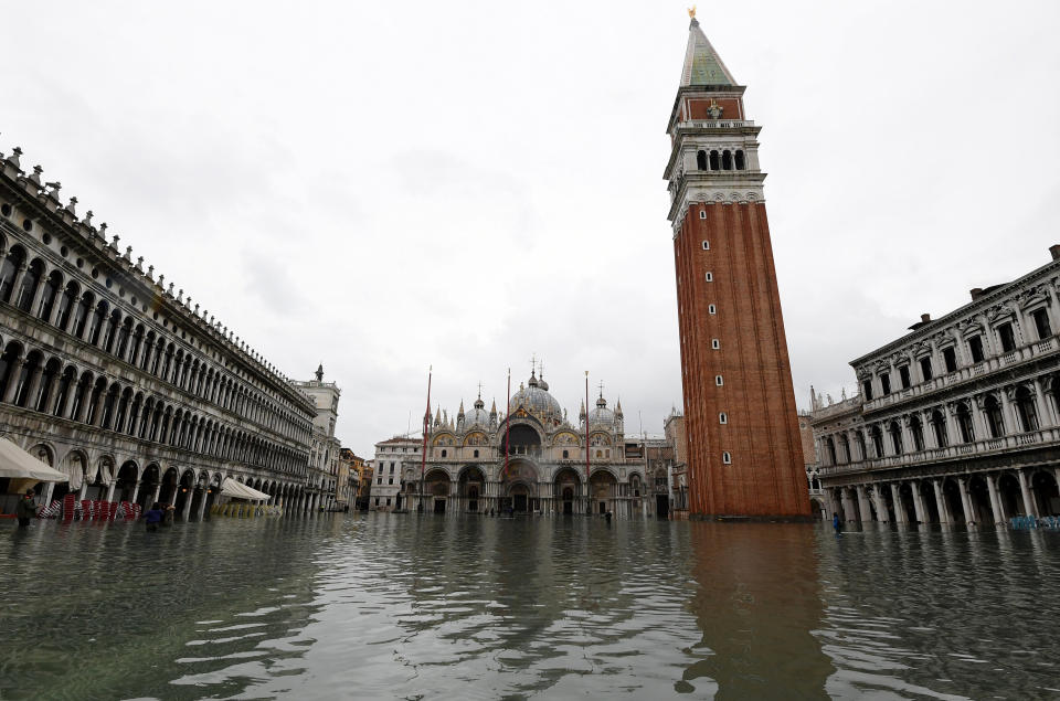 Water floods into St. Mark's square as high tide reaches peak, in Venice, Italy on Nov. 17, 2019.&nbsp; (Photo: Alberto Lingria / Reuters)