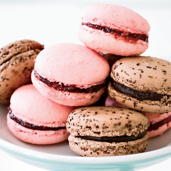 <p>These are among the simplest <em>macarons</em>, made with only sugar, almond flour, egg whites and red food coloring--and a filling of raspberry jam.</p>