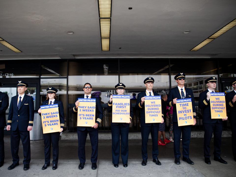 United pilots picketed at 10 major airports across the country on May 12, 2023.