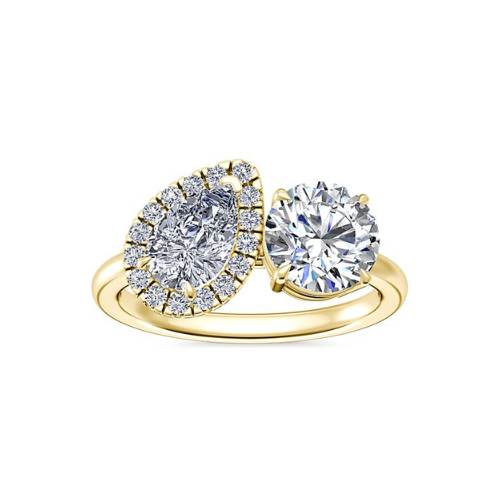 Two Stone Engagement Ring With Pear Shaped Diamond Halo In 14k Yellow Gold