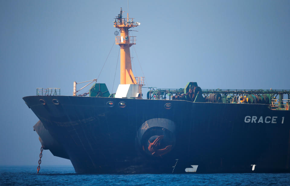 Iranian oil tanker Grace 1 sits anchored awaiting a court ruling on whether it can be freed after it was seized in July by British Royal Marines off the coast of the British Mediterranean territory, in the Strait of Gibraltar, southern Spain, August 15, 2019. REUTERS/Jon Nazca