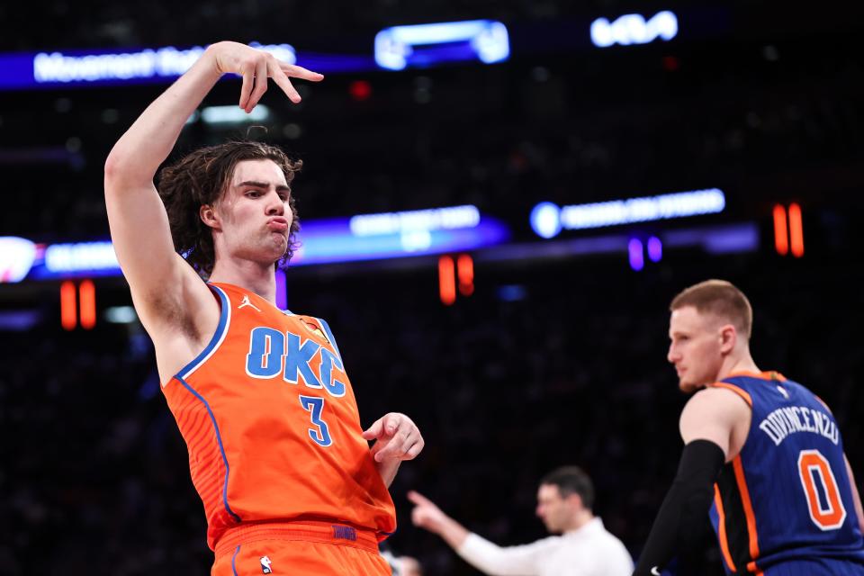 Thunder guard Josh Giddey (3) celebrates after making a 3-pointer Sunday night in a 113-112 win against the Knicks.