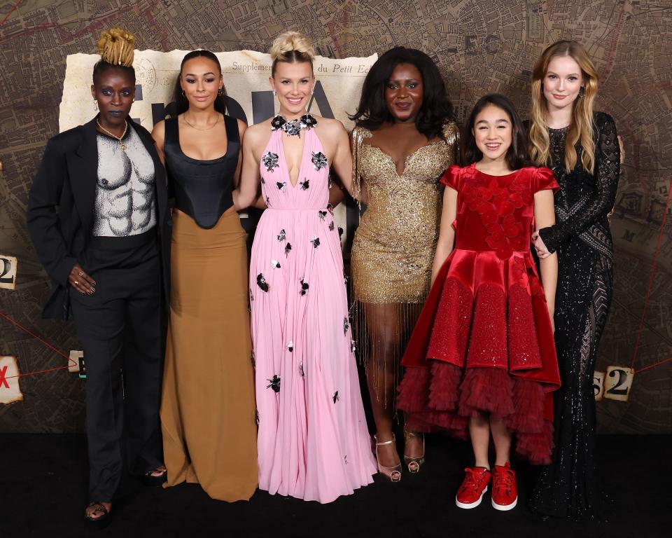 haron Duncan-Brewster, Abbie Hern, Millie Bobby Brown, Susan Wokoma, Serrana Su-Ling Bliss, and Hannah Dodd attend the 