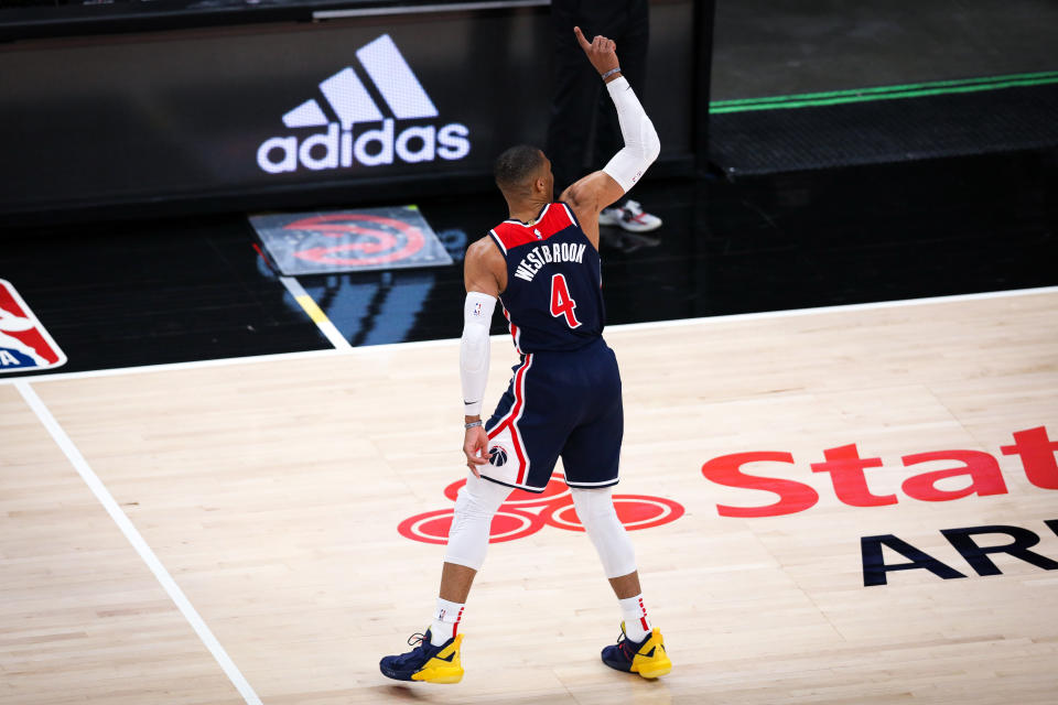 ATLANTA, GA - MAY 10: Russell Westbrook #4 of the Washington Wizards reacts during a game between the Washington Wizards and the Atlanta Hawks at State Farm Arena on May 10, 2021 in Atlanta, Georgia. NOTE TO USER: User expressly acknowledges and agrees that, by downloading and or using this photograph, User is consenting to the terms and conditions of the Getty Images License Agreement. (Photo by Casey Sykes/Getty Images)