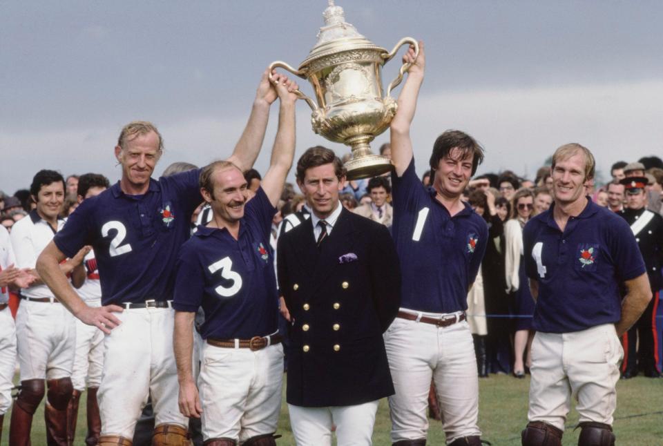 Prince Charles with the England team following their victory against Mexico to win the Coronation Cup at Windsor Park in 1979, l-r, Withers, Julian Hipwood, John Horswell and Howard Hipwood - Tim Graham Photo Library via Getty Images