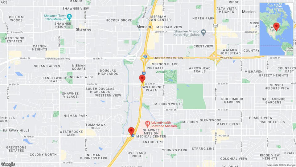 A detailed map that shows the affected road due to 'Lane on I-35 closed in Shawnee' on June 5th at 2:11 p.m.