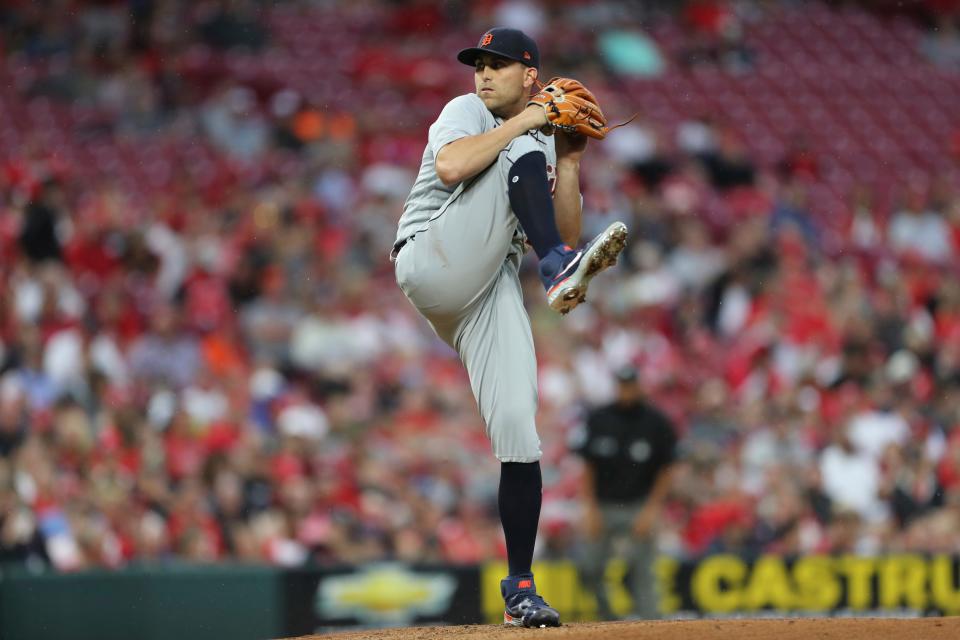 Detroit Tigers starting pitcher Matthew Boyd (48) throws against the Cincinnati Reds during the first inning of a baseball game, Saturday, Sept. 4, 2021, in Cincinnati.