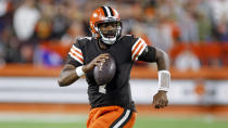 Cleveland Browns quarterback Jacoby Brissett scrambles for a short gain during the second half of an NFL football game against the Pittsburgh Steelers in Cleveland, Thursday, Sept. 22, 2022. (AP Photo/Ron Schwane)