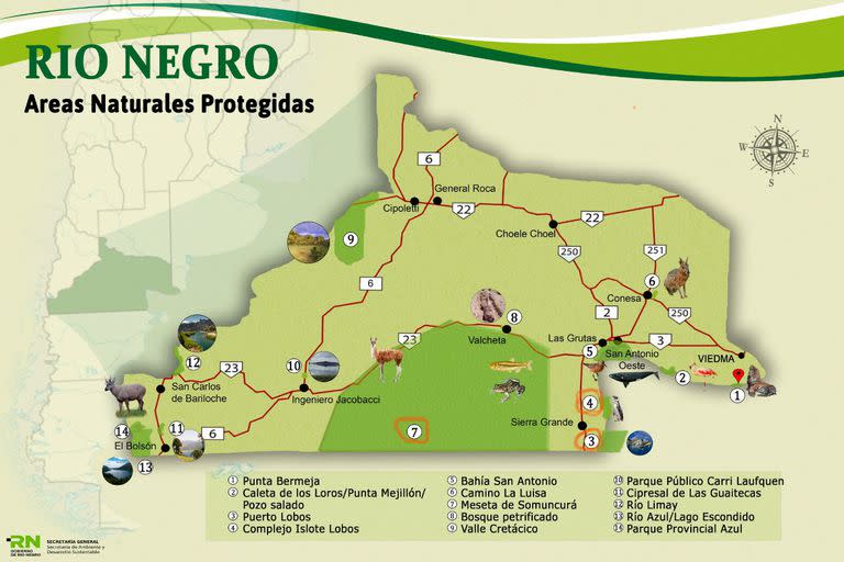 Mapa de las áreas naturales protegidas de la provincia de Río Negro