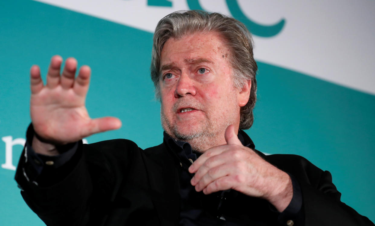 Former White House Chief Strategist Steve Bannon participates in a Hudson Institute conference called "Countering Violent Extremism: Qatar, Iran and the Muslim Brotherhood" on Monday in Washington. (Photo: Kevin Lamarque / Reuters)