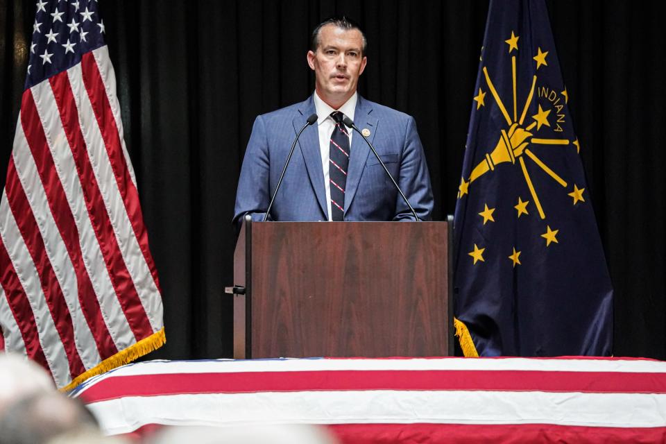 Family friend and former Ind. St. Sen. Aaron Freeman speaks during a memorial for Sen. Jack Sandlin on Friday, Sept. 29, 2023 at the Indiana Statehouse in Indianapolis.
