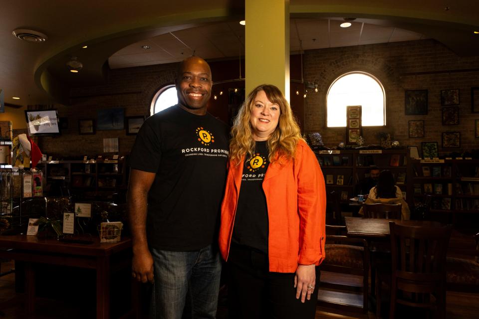 Rockford Promise Board President Maurice Redd and Executive Director Kaylene Groh pose for a portrait Wednesday, Nov. 29, 2023, at Katie's Cup in Rockford