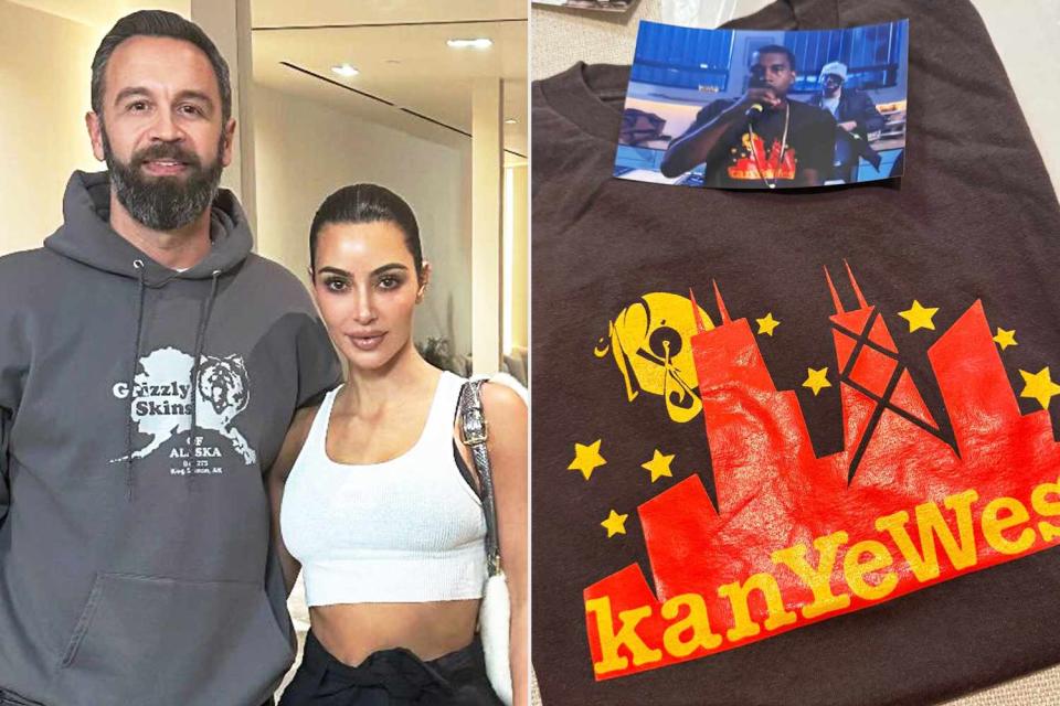 <p>Kim Kardashian/Instagram</p> Kim Kardashian thanks Dropout Bear co-creator Bobby Naugle for donating Kanye West merch items to her kids.