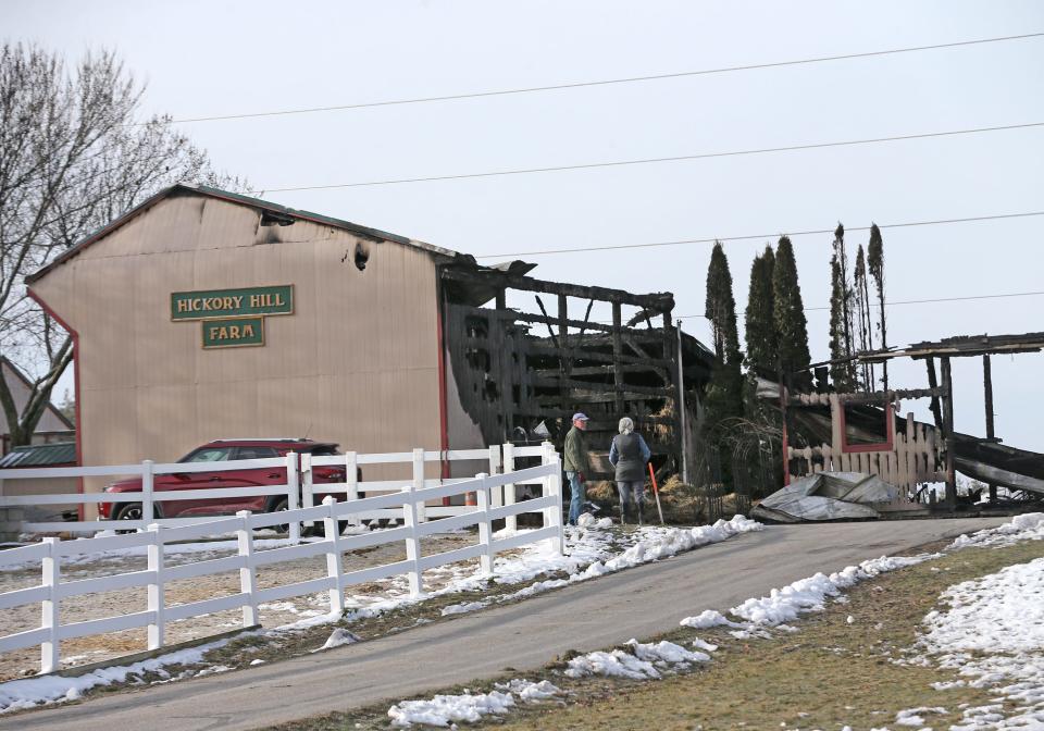 Hickory Hill Farm at 245 Back Road in Dover is seen Monday morning March 25, 2024 after a fire on Sunday destroyed town barns.