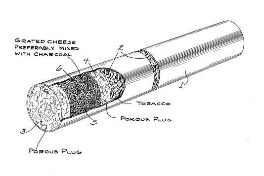 An image of the cheese-filter cigarette design from Stuart Stebbings' patent application.