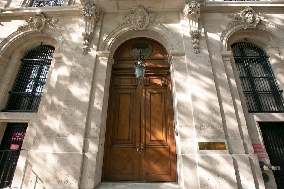 The Upper East Side New York estate of Jeffrey Epstein. It’s door was damaged after a raid by agents serving a search warrant following his arrest in 2019.