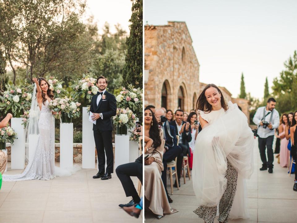A side-by-side of a bride and groom at the altar and a woman walking down the aisle with the skirt of the bride's dress.
