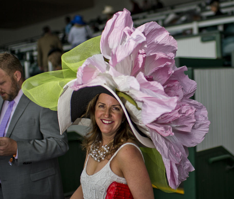 A woman wears a massive hat on May 6, 2017.