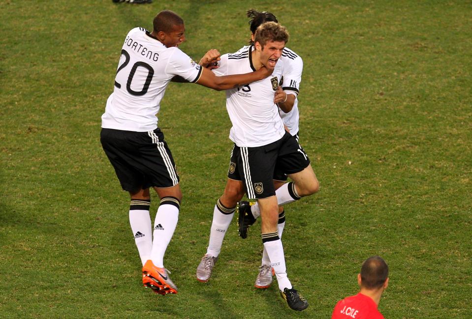 Müller celebrates scoring his side’s third goal against England in Bloemfontein (Getty Images)