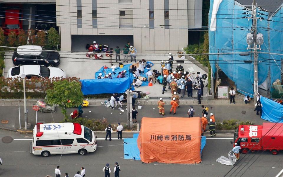 This aerial photo shows the scene of an attack in Kawasaki, near Tokyo - Kyodo News